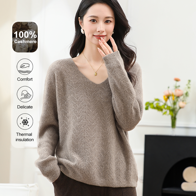 100% Cashmere | 여성용 니트 V넥 벌크러스터 고급 캐시미어 스웨터(レディース ニット V ネック バーサタイル ハイエンド カシミヤセーター) - YTNL3411T