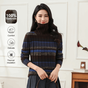 【100% Cashmere】2025 가을 겨울 신규 하이넥 줄무늬 캐시미어 스웨터(秋冬ニューハイネック縞模様カシミヤセーター) - YTNL5804T