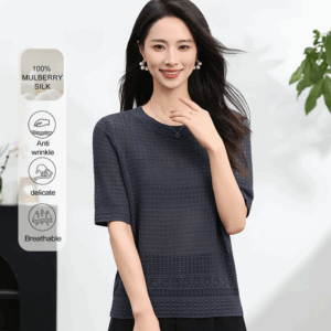 Mumeng [100% Mulberry Silk] Size 25 캐주얼 숏슬리브 홀로우아웃 여름 여성용 니트 탑（カジュアル ショートスリーブ ホローアウト サマー レディース ニットトップス） - YTNL5619T